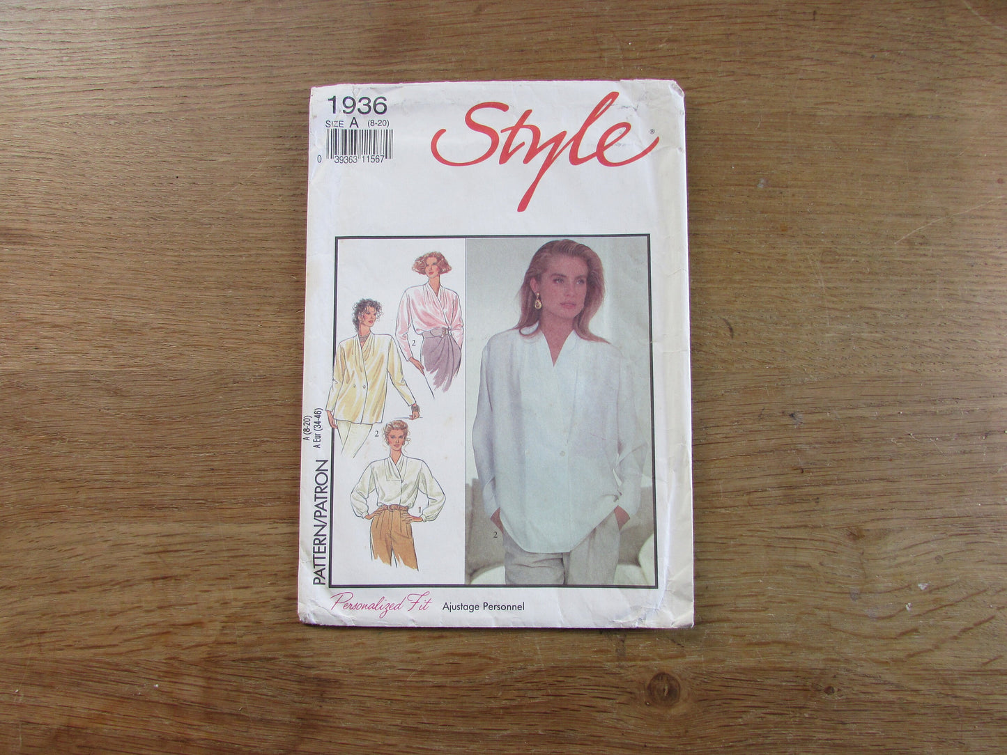 Part cut 1991 Style 1936 sewing pattern for misses' blouse, sizes 8 to 20 (part cut to size 20, complete)