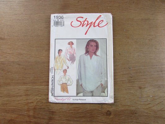 Part cut 1991 Style 1936 sewing pattern for misses' blouse, sizes 8 to 20 (part cut to size 20, complete)