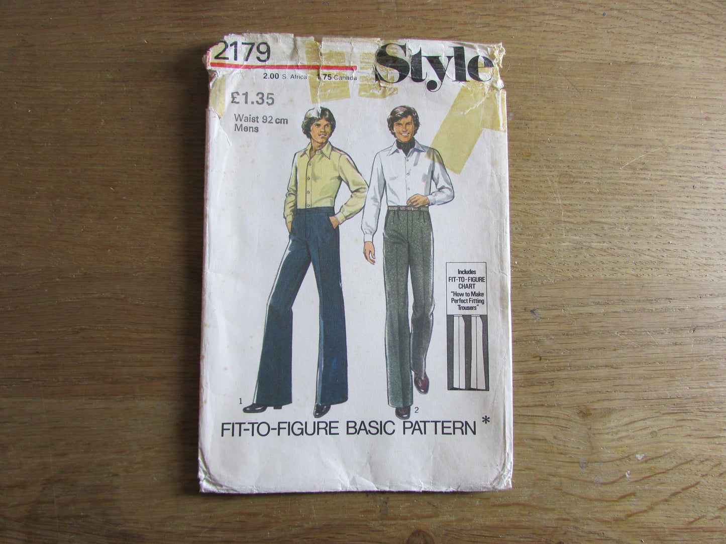 Uncut 1977 Style 2179 sewing pattern for "fit-to-figure" trousers in men's sizes, L (complete)