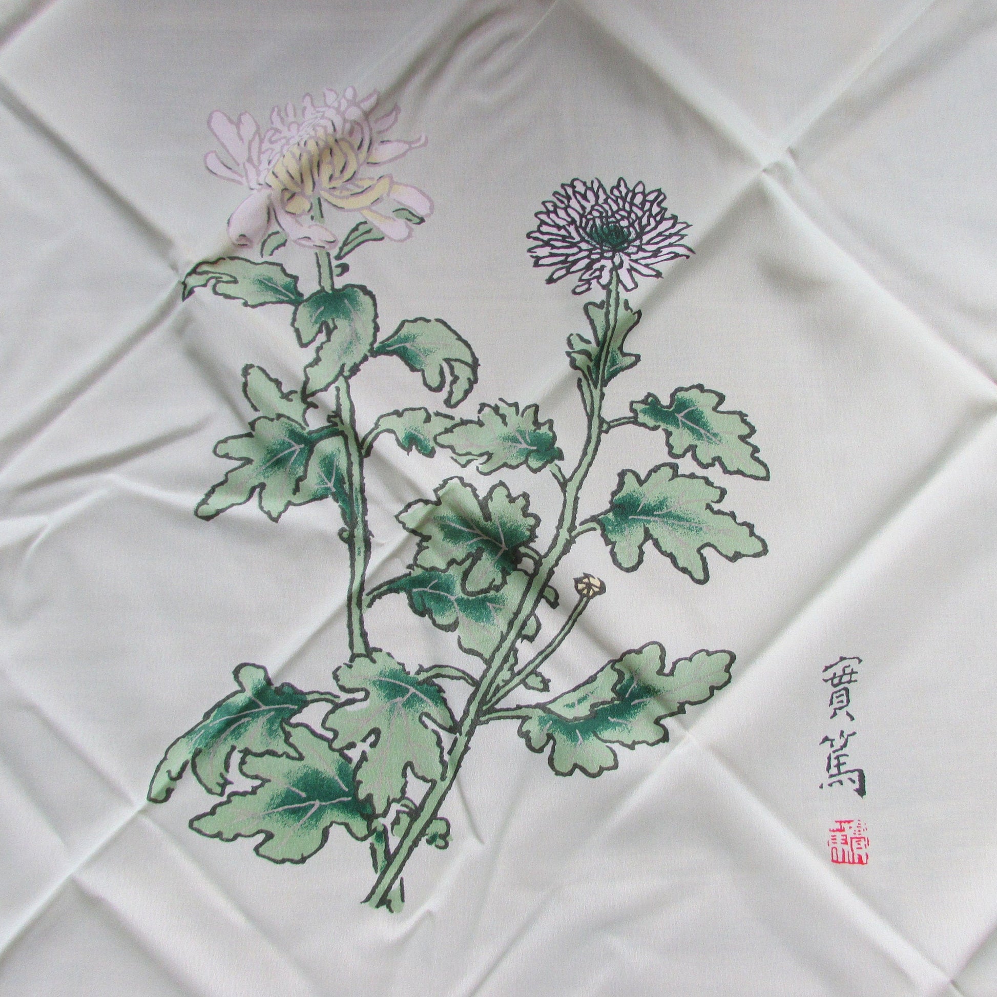 Vintage Chiyoda Life Insurance Company, Japan chrysanthemum patterned ladies scarf or furoshiki