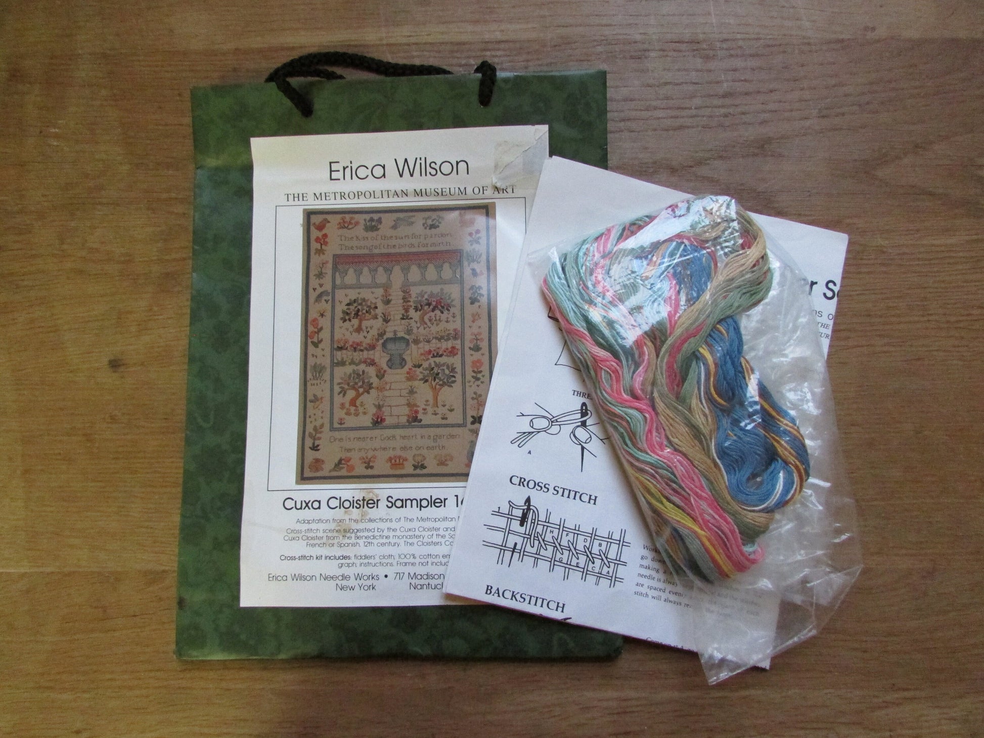 1998 Erica Wilson The Metropolitan Museum of Art cross stitch kit "Cuxa Cloister Sampler" (pattern & some wool only)