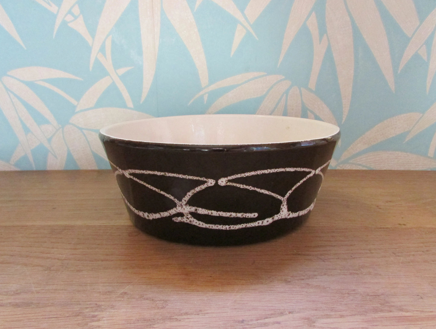 1970s large stoneware pate dish, black with white curved linear pattern