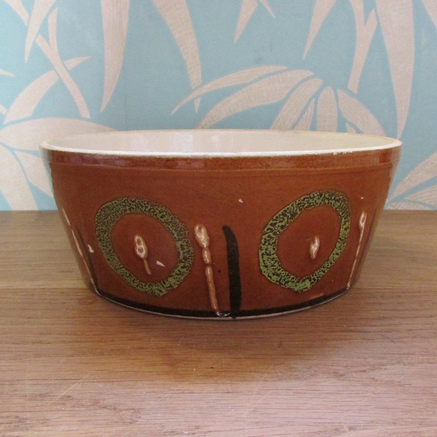 1970s large stoneware pate dish, brown with green circle design