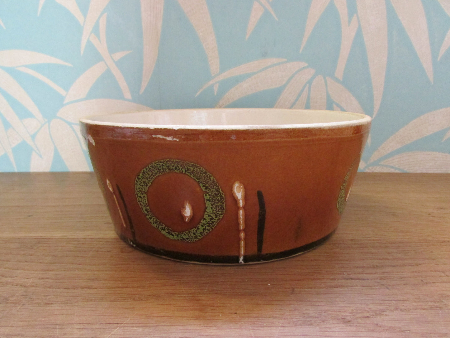 1970s large stoneware pate dish, brown with green circle design