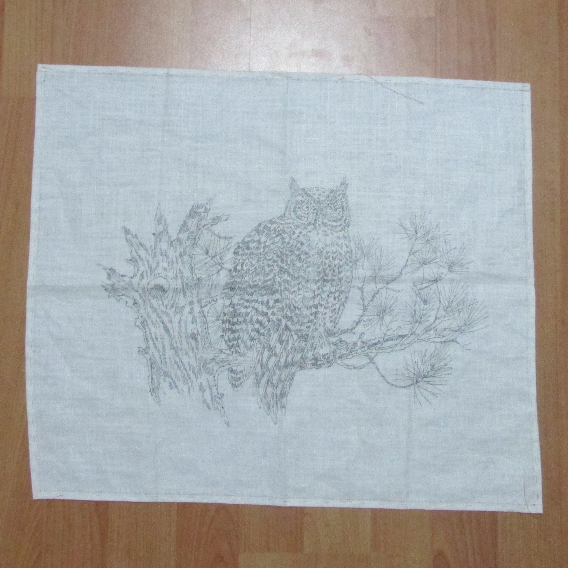 Vintage ready-to-sew embroidery of owl in tree (fabric only)
