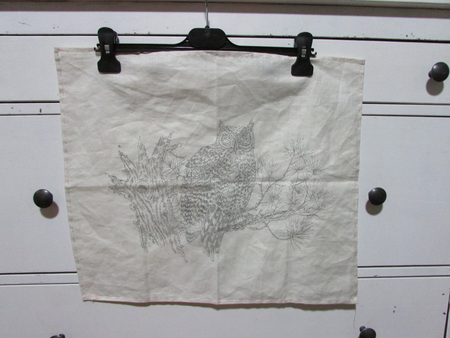 Vintage ready-to-sew embroidery of owl in tree (fabric only)