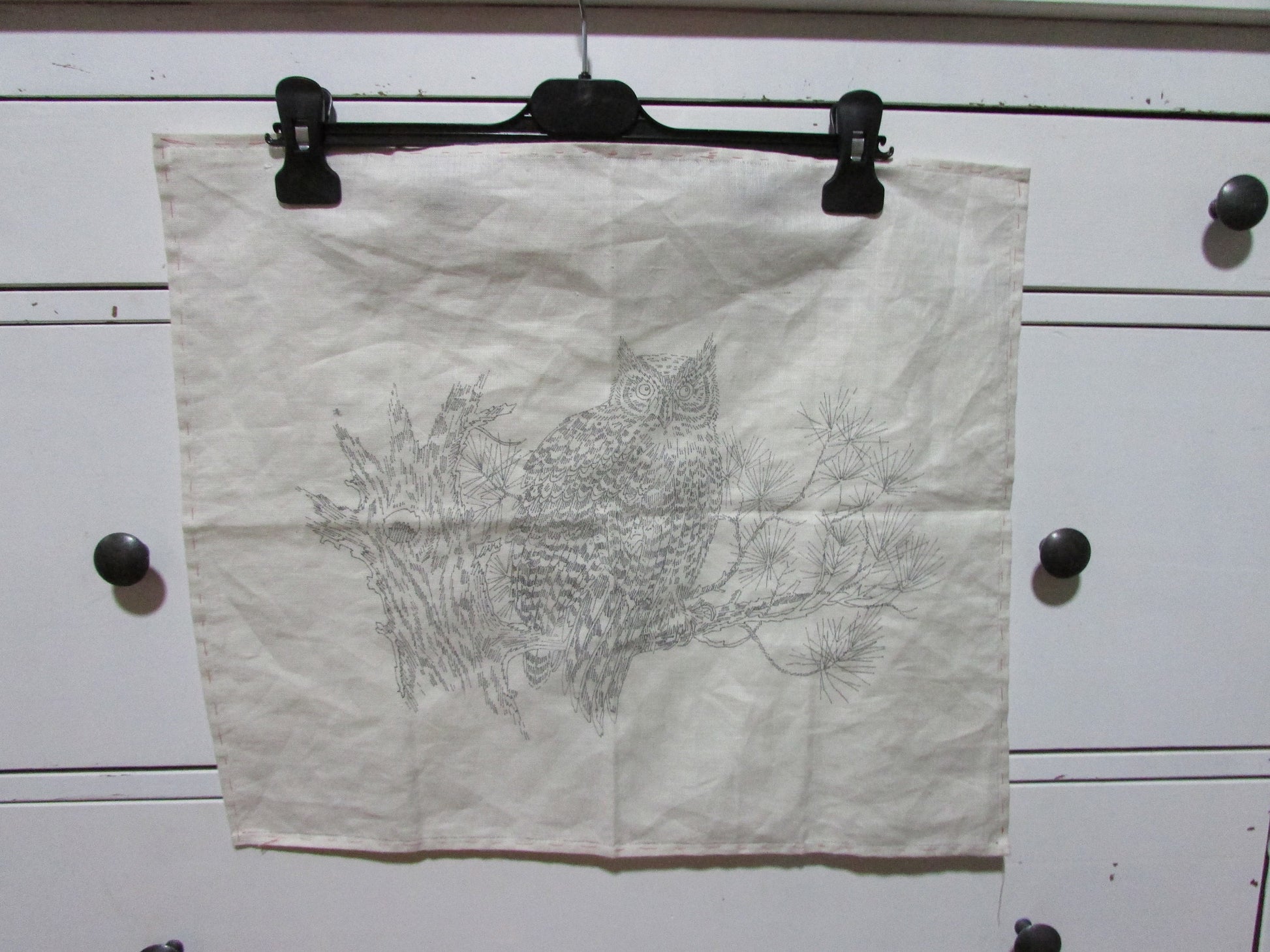 Vintage ready-to-sew embroidery of owl in tree (fabric only)