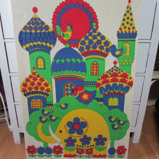 Large 1970s fabric wall hanging of yellow elephant and colourful buildings