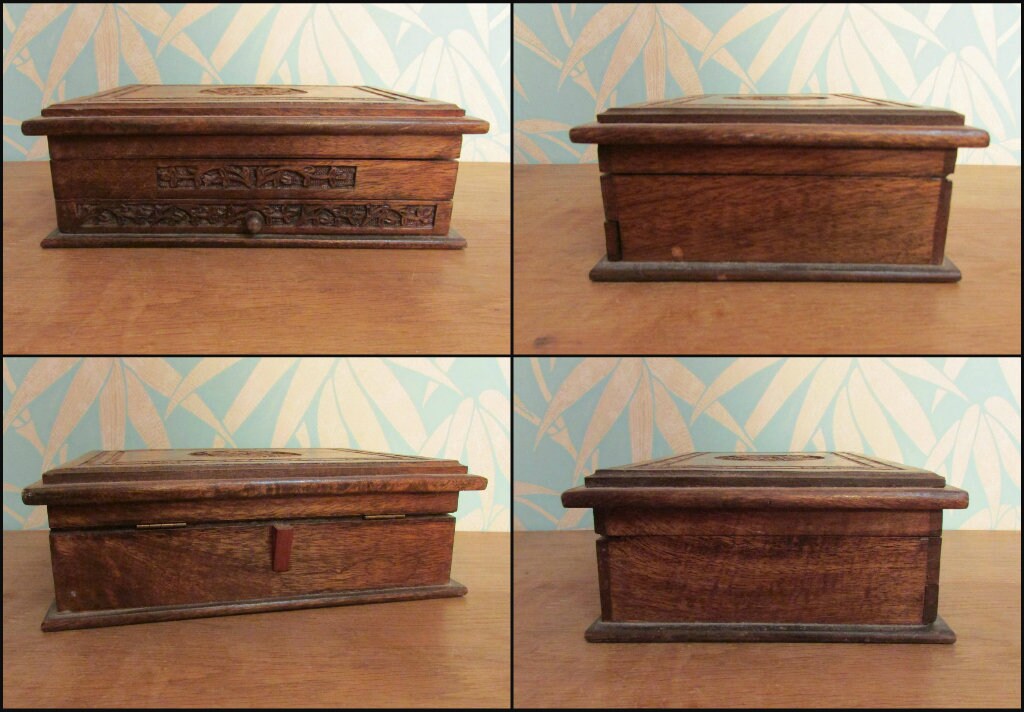 Vintage carved wooden letter box with drawer and rose detail on lid