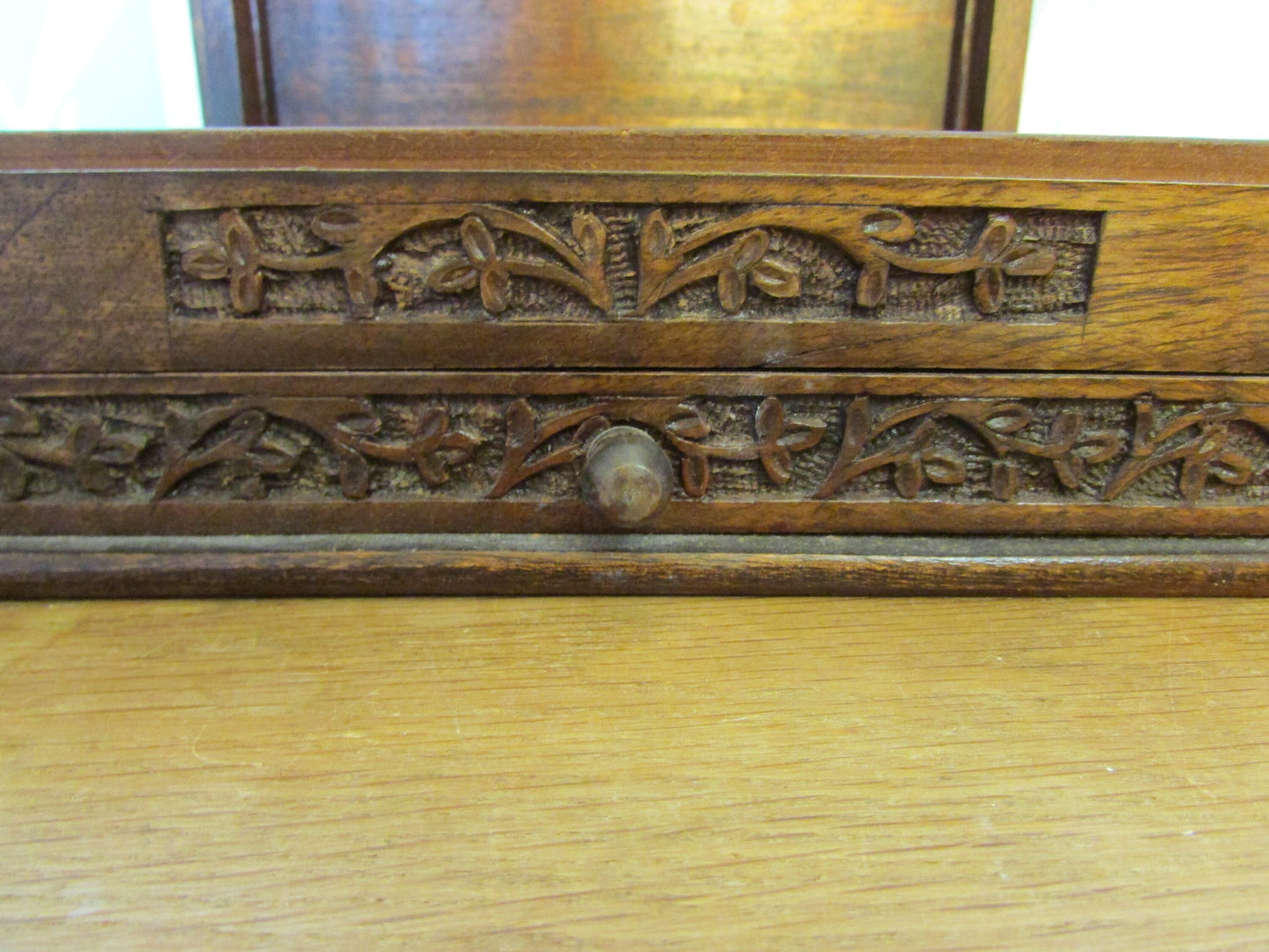 Vintage carved wooden letter box with drawer and rose detail on lid