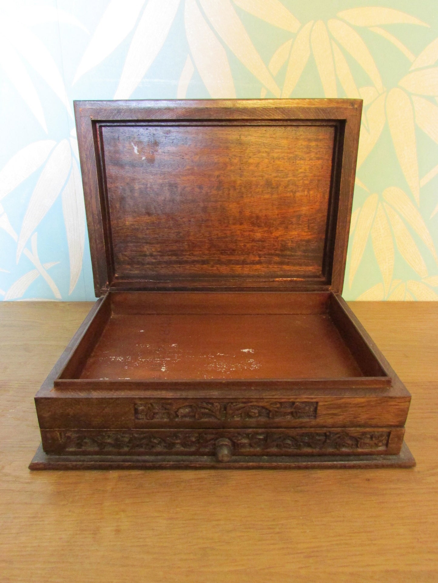 Vintage carved wooden letter box with drawer and rose detail on lid