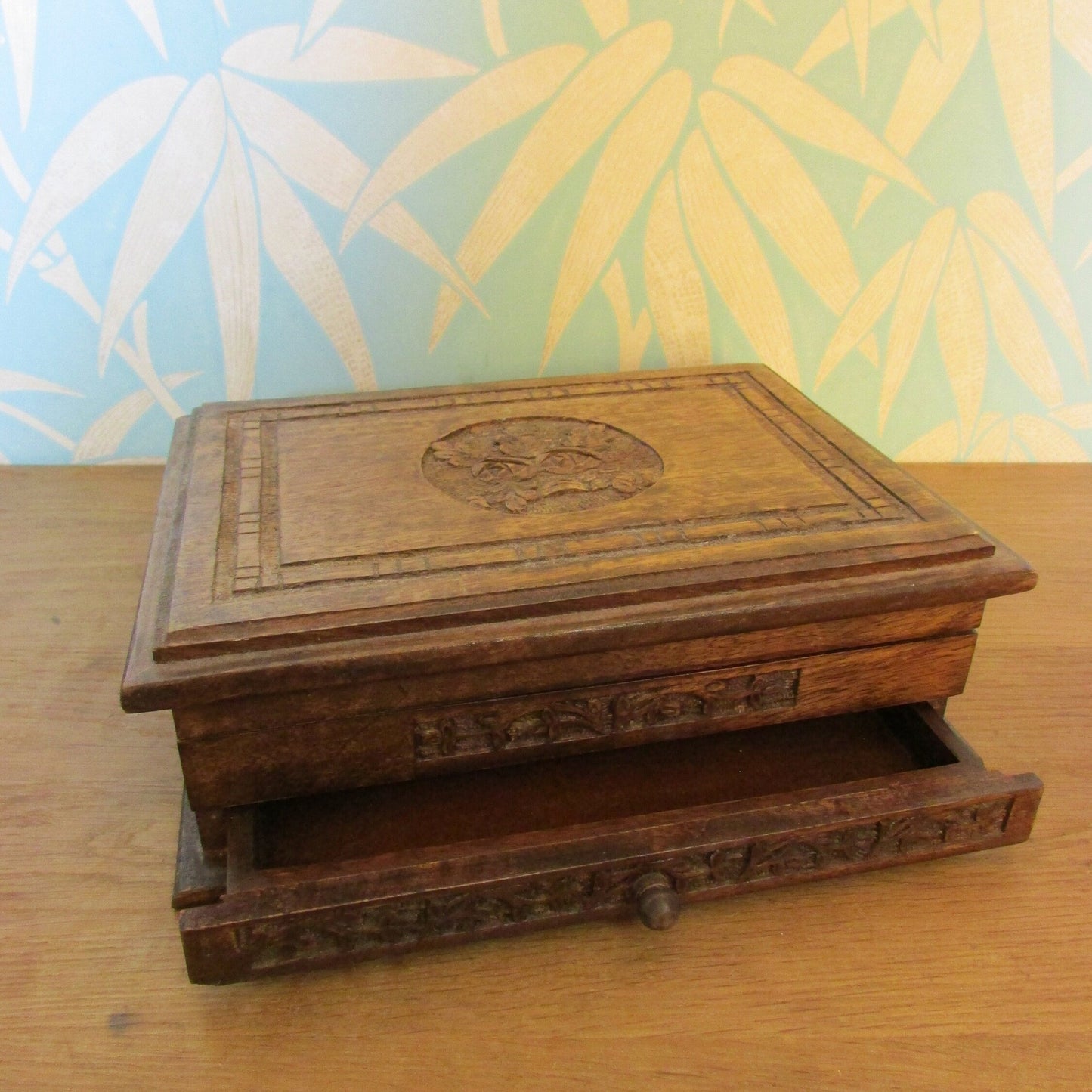 Vintage carved wooden letter box with drawer and rose detail on lid