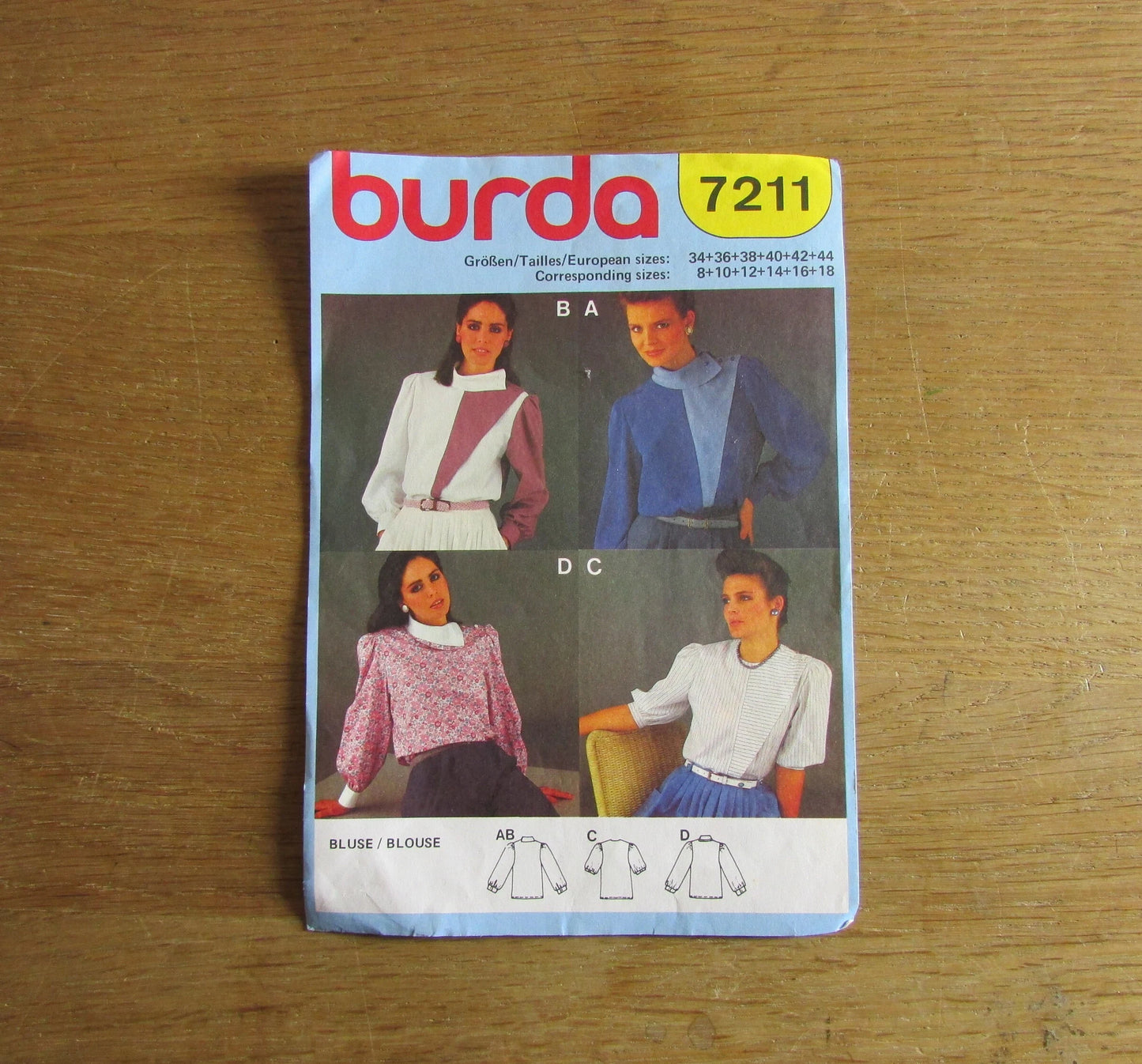 Part cut 1980s Burda 7211 sewing pattern for blouse (part cut to size 14, complete)