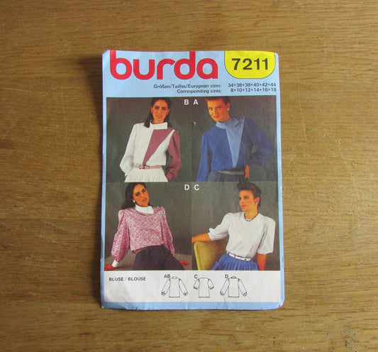 Part cut 1980s Burda 7211 sewing pattern for blouse (part cut to size 14, complete)
