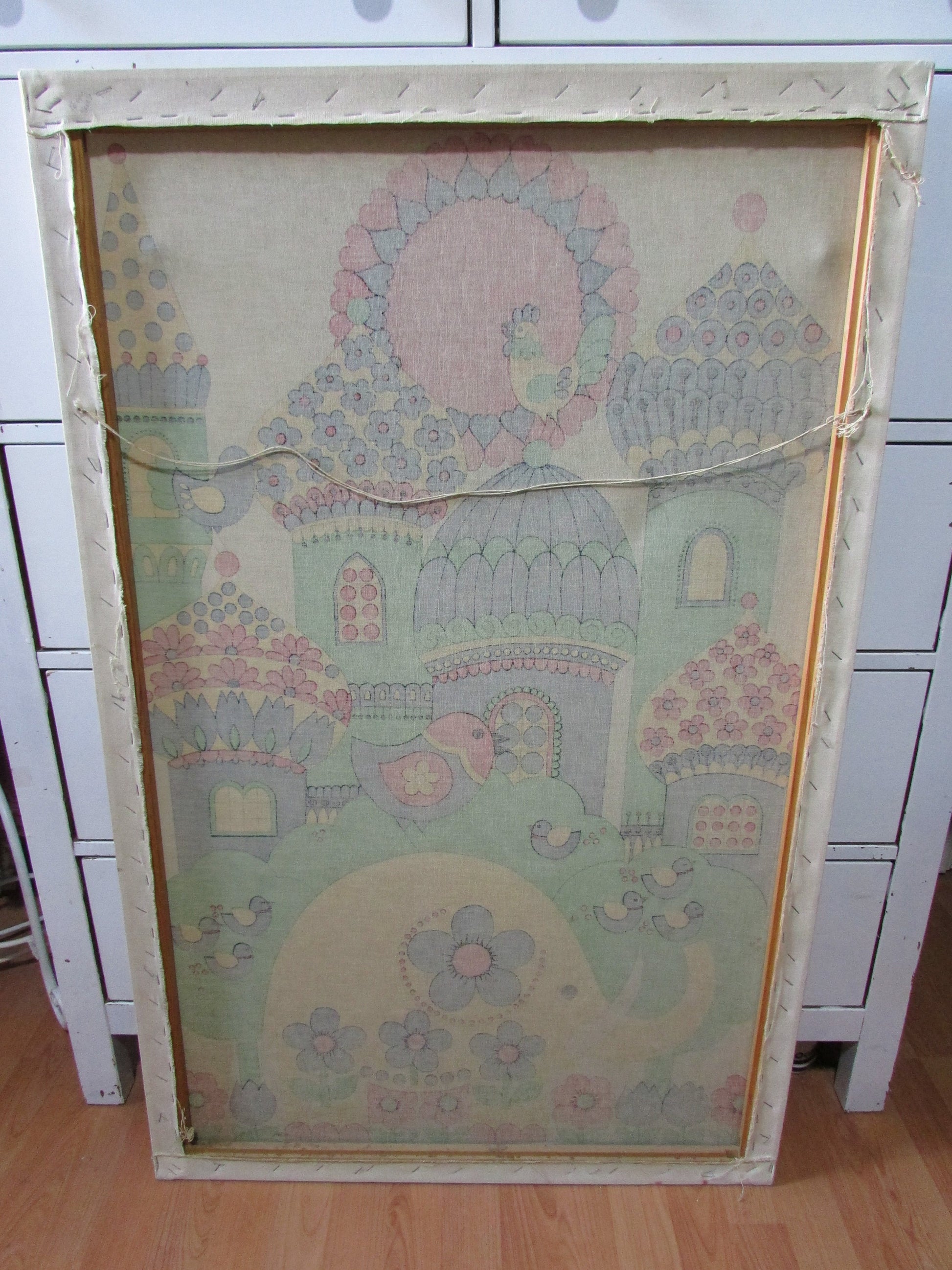 Large 1970s fabric wall hanging of yellow elephant and colourful buildings