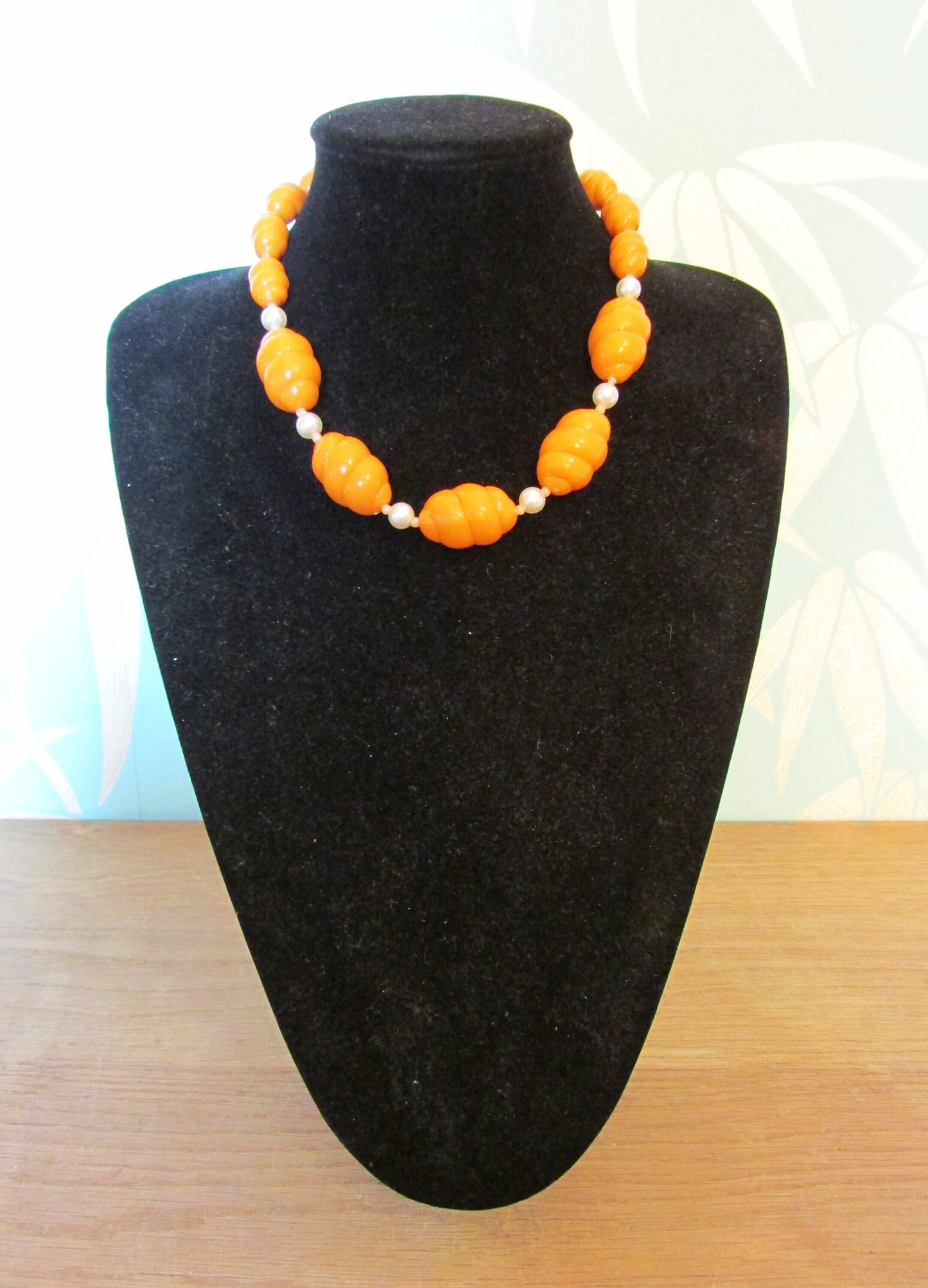 Vintage plastic caramel twisted bead collar length necklace, faux pearl spacers