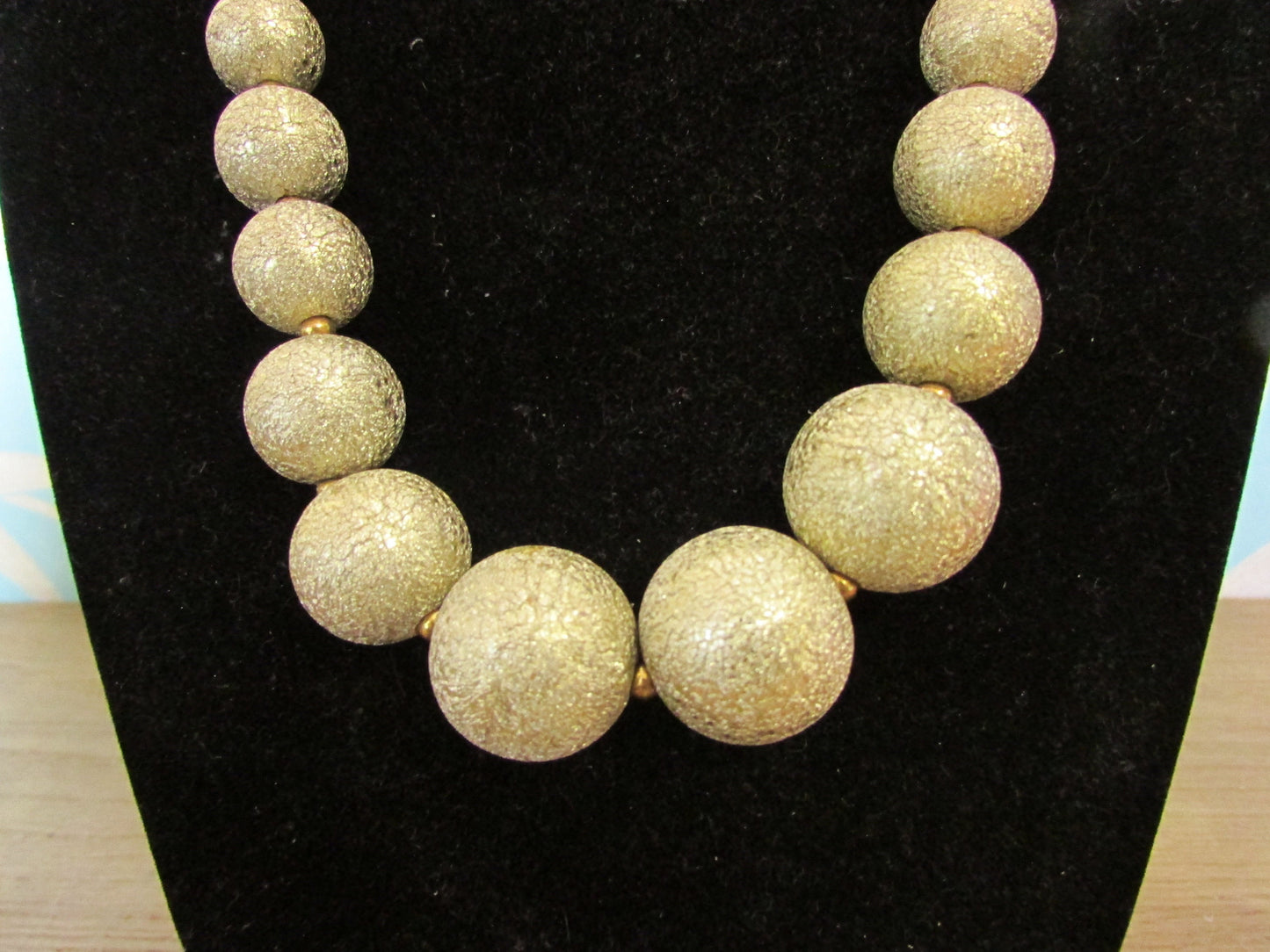 Vintage pale gold-crackled ball beaded necklace