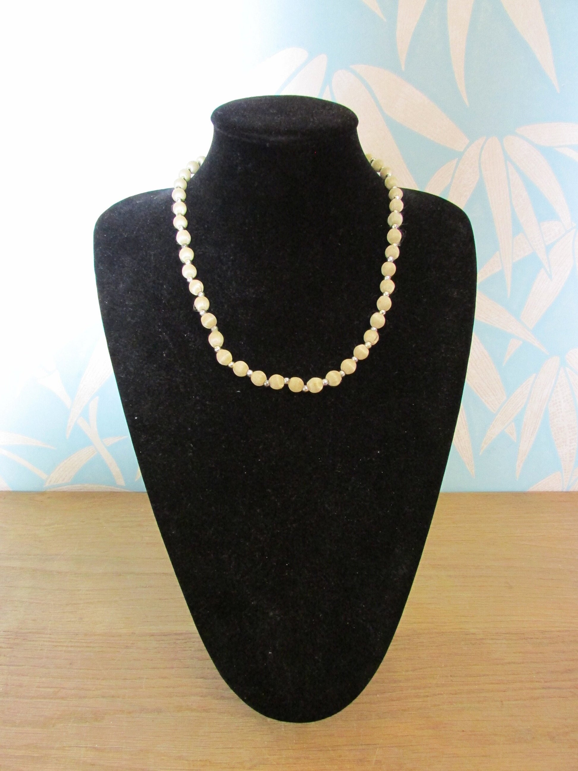 1960s/70s taupe satin bead collar length necklace, silver ball spacers
