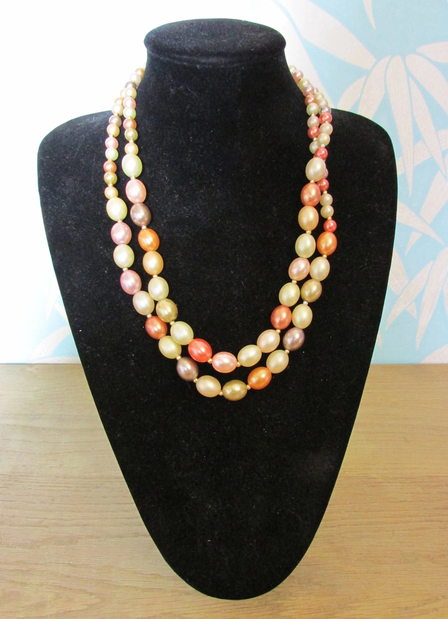1950s orange & pink tone graduating plastic bead double strand necklace