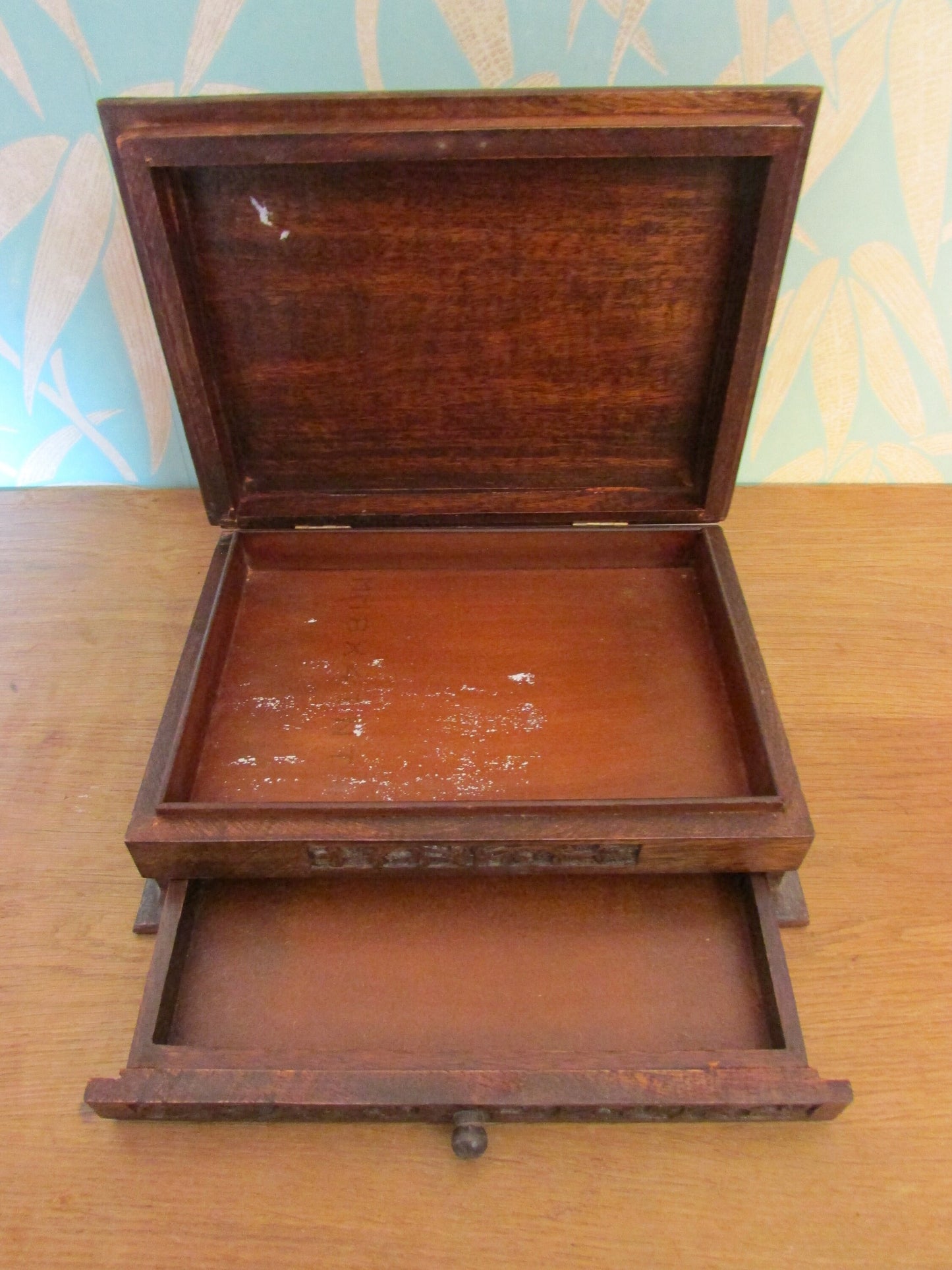 Vintage carved wooden letter box with drawer and rose detail on lid