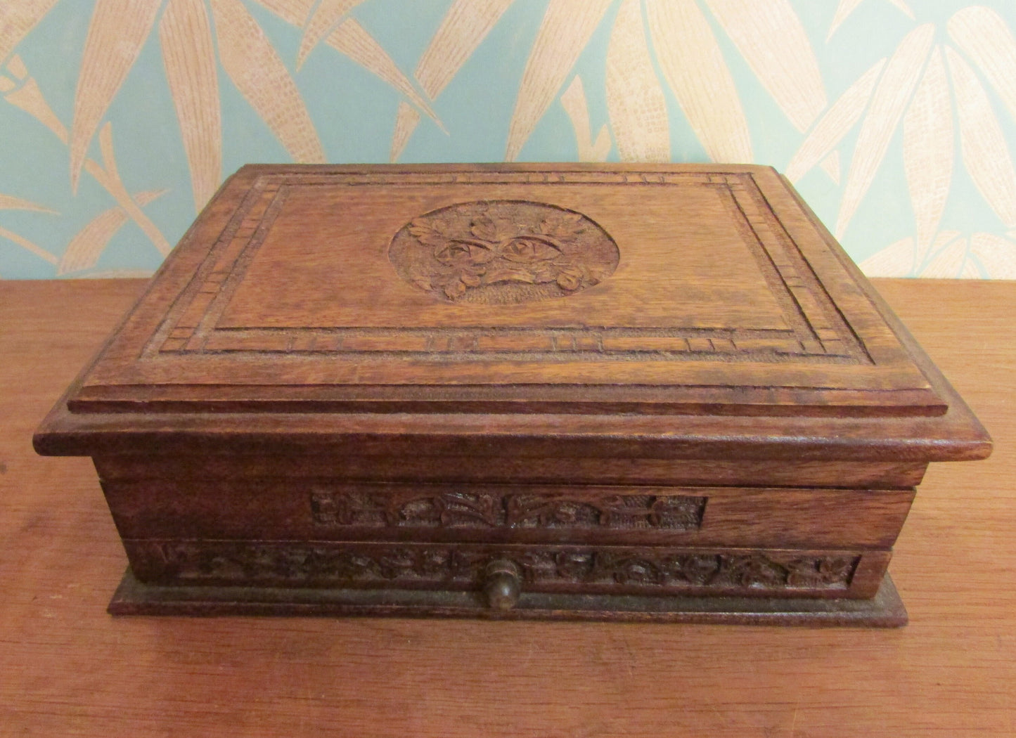 Vintage carved wooden letter box with drawer and rose detail on lid