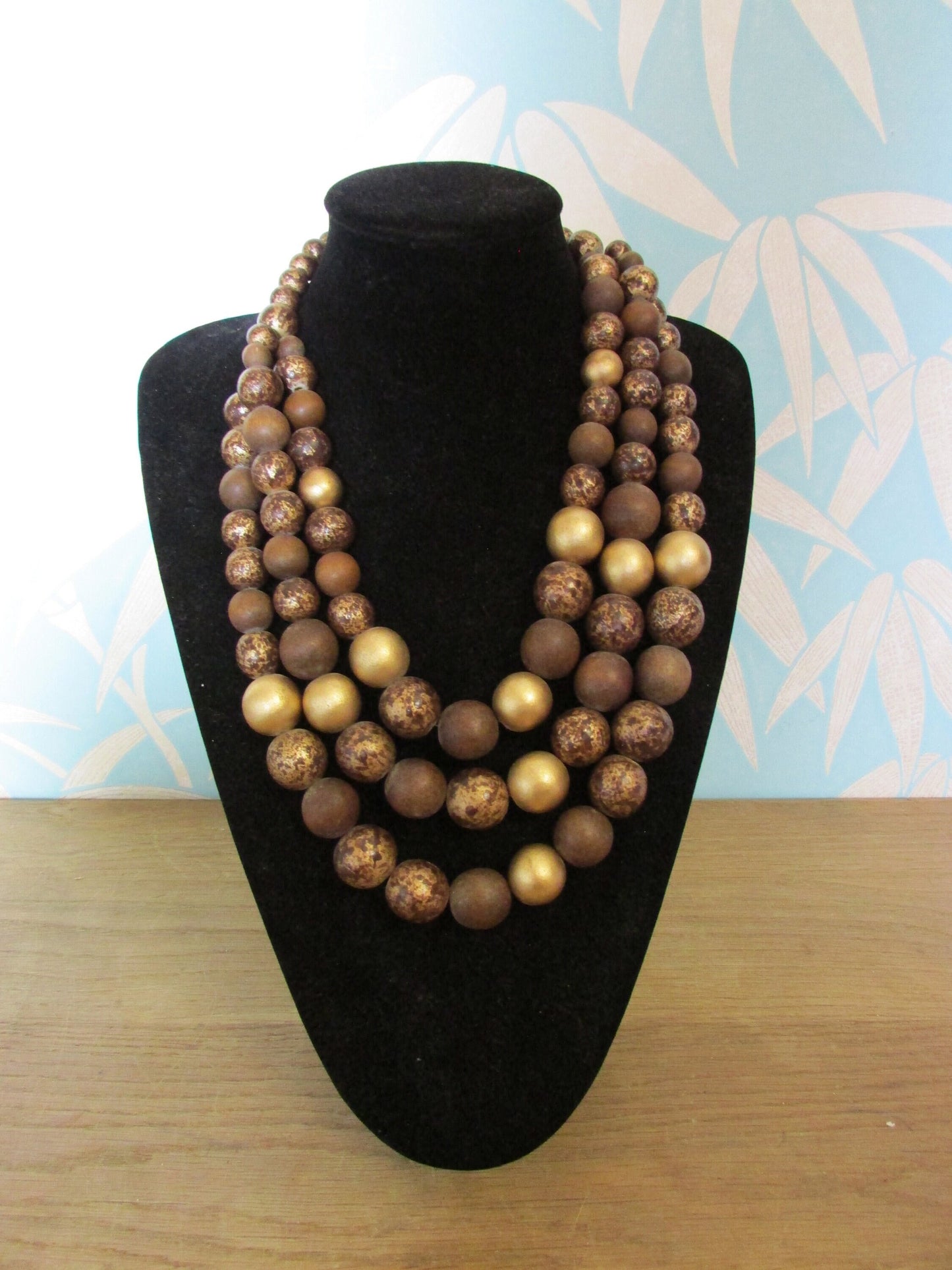 1980s brown, bronze & gold triple strand wooden bead necklace