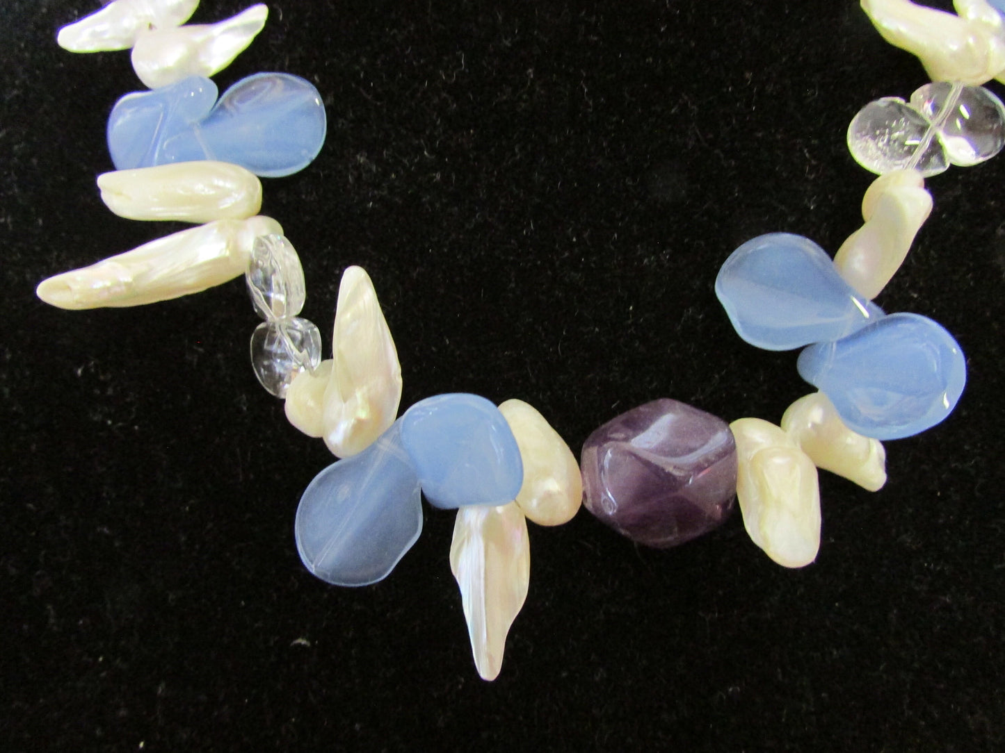 Vintage-style Ice blue, pearl & amethyst bead statement, mixed glass and shell necklace