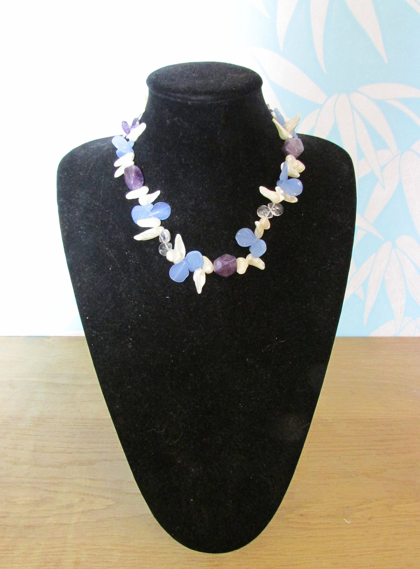 Vintage-style Ice blue, pearl & amethyst bead statement, mixed glass and shell necklace