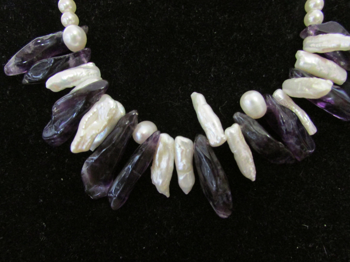 Vintage-style amethyst & pearl shard statement necklace with organic gemstone and mother of pearl design