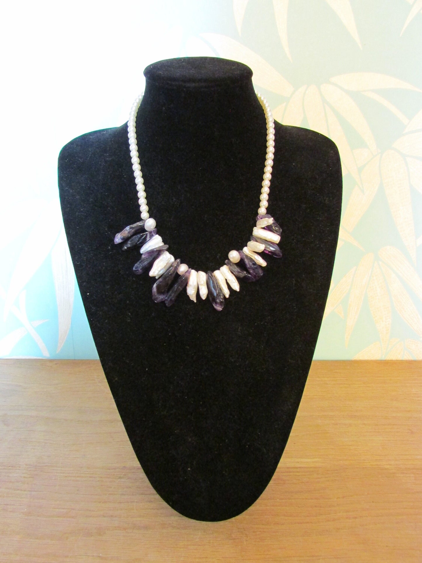 Vintage-style amethyst & pearl shard statement necklace with organic gemstone and mother of pearl design