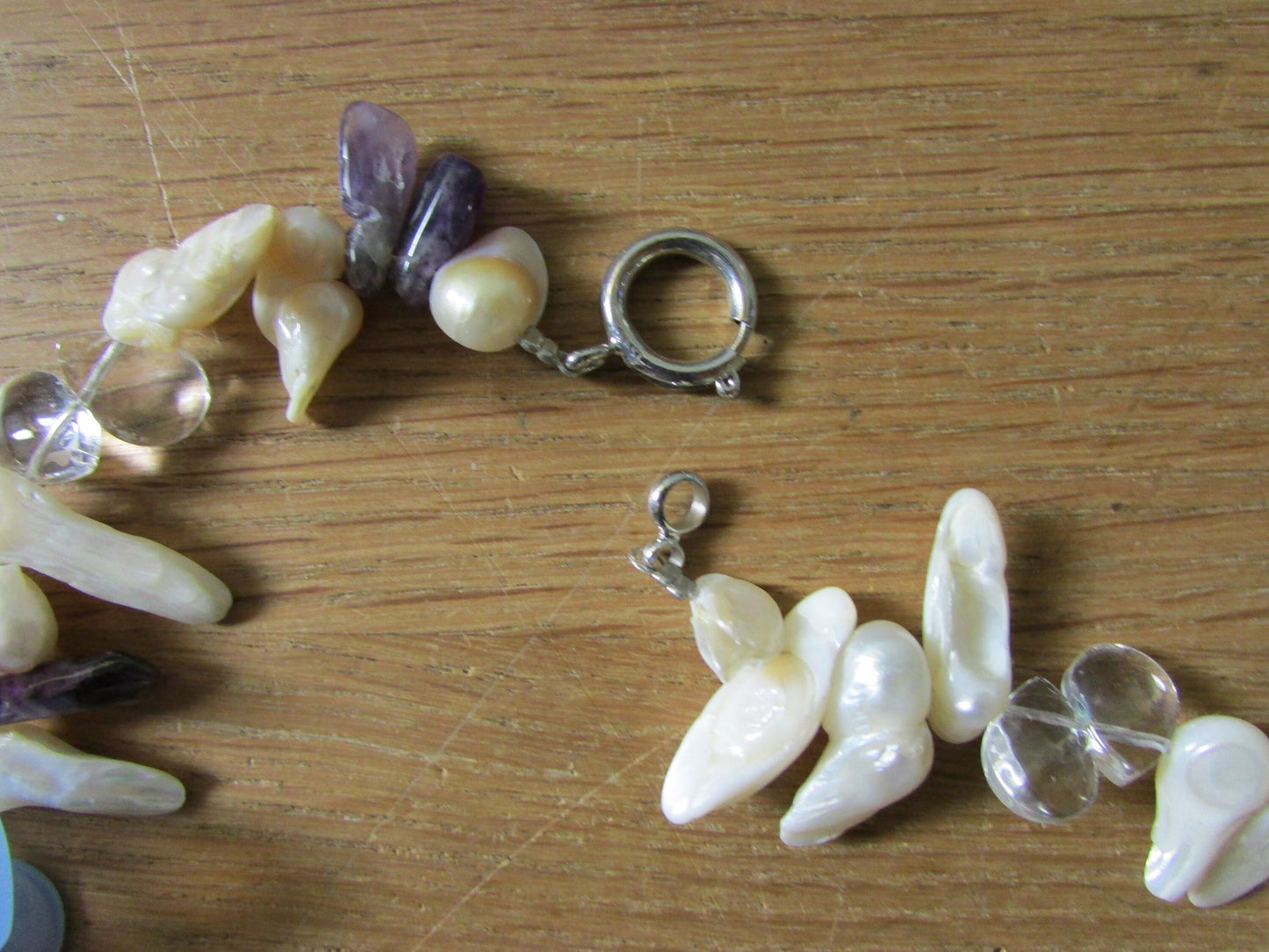 Vintage-style Ice blue, pearl & amethyst bead statement, mixed glass and shell necklace