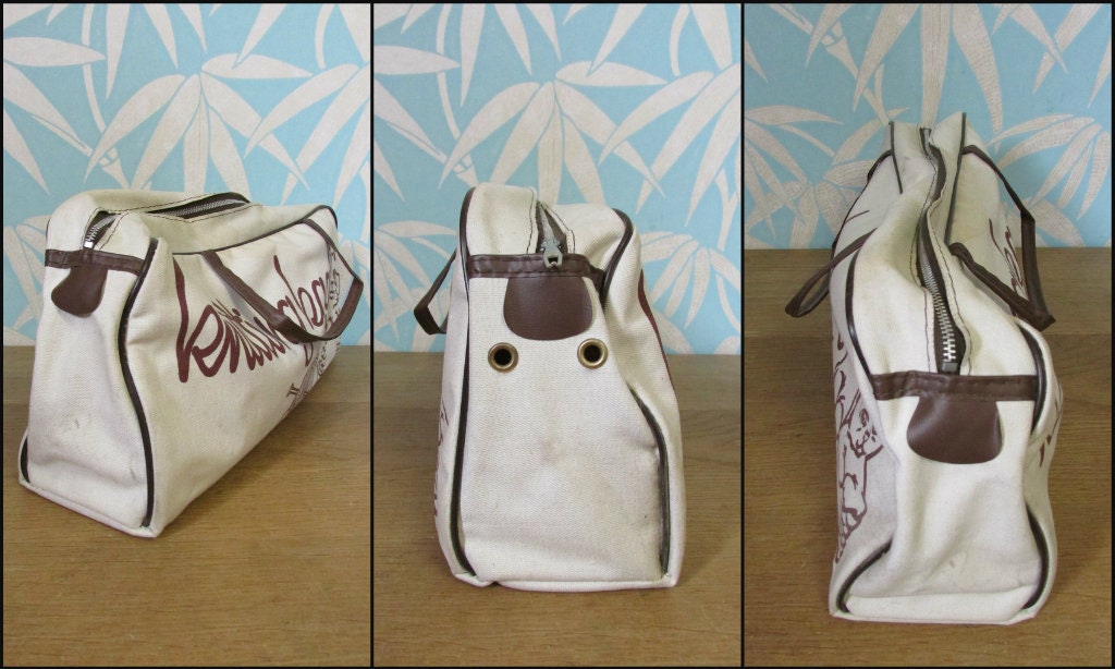 1970s canvas knitting bag depicting kittens and ball of wool