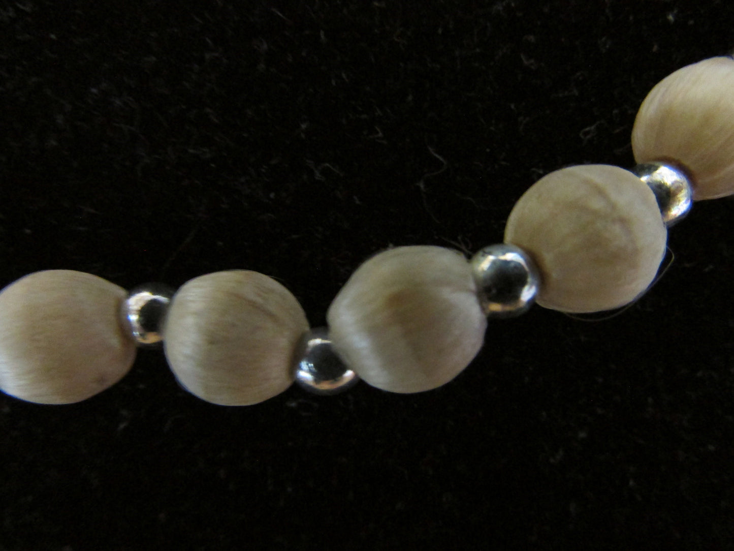 1960s/70s taupe satin bead collar length necklace, silver ball spacers