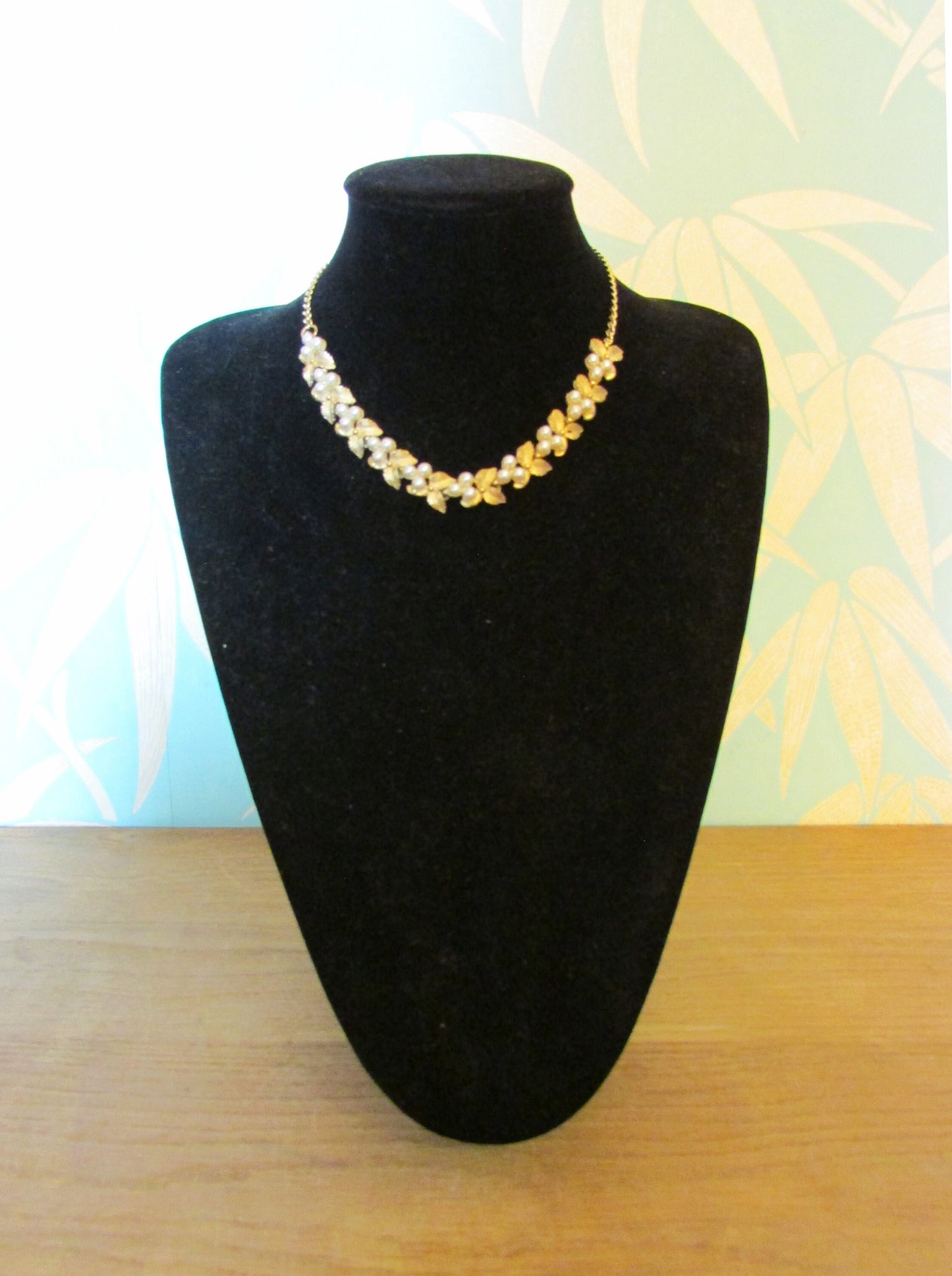 1950s Trifari-style gold-tone & faux pearl leaf necklace