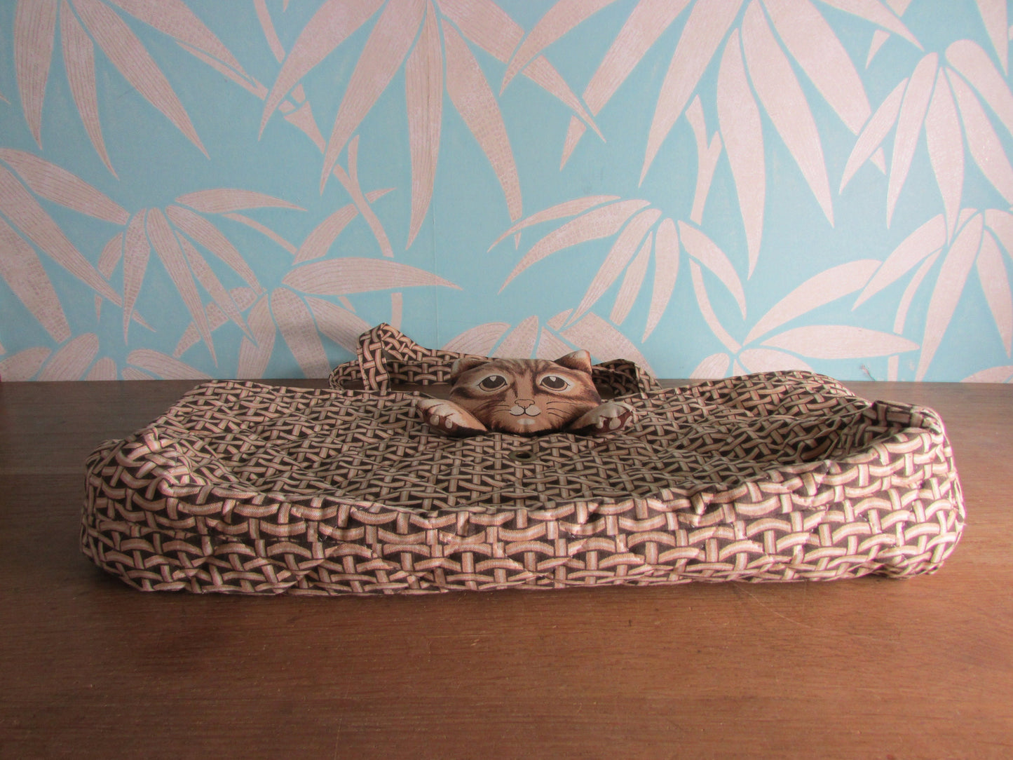 1970s plush cat knitting bag by Anne Wilkinson Designs Ltd for World Wildlife Fund