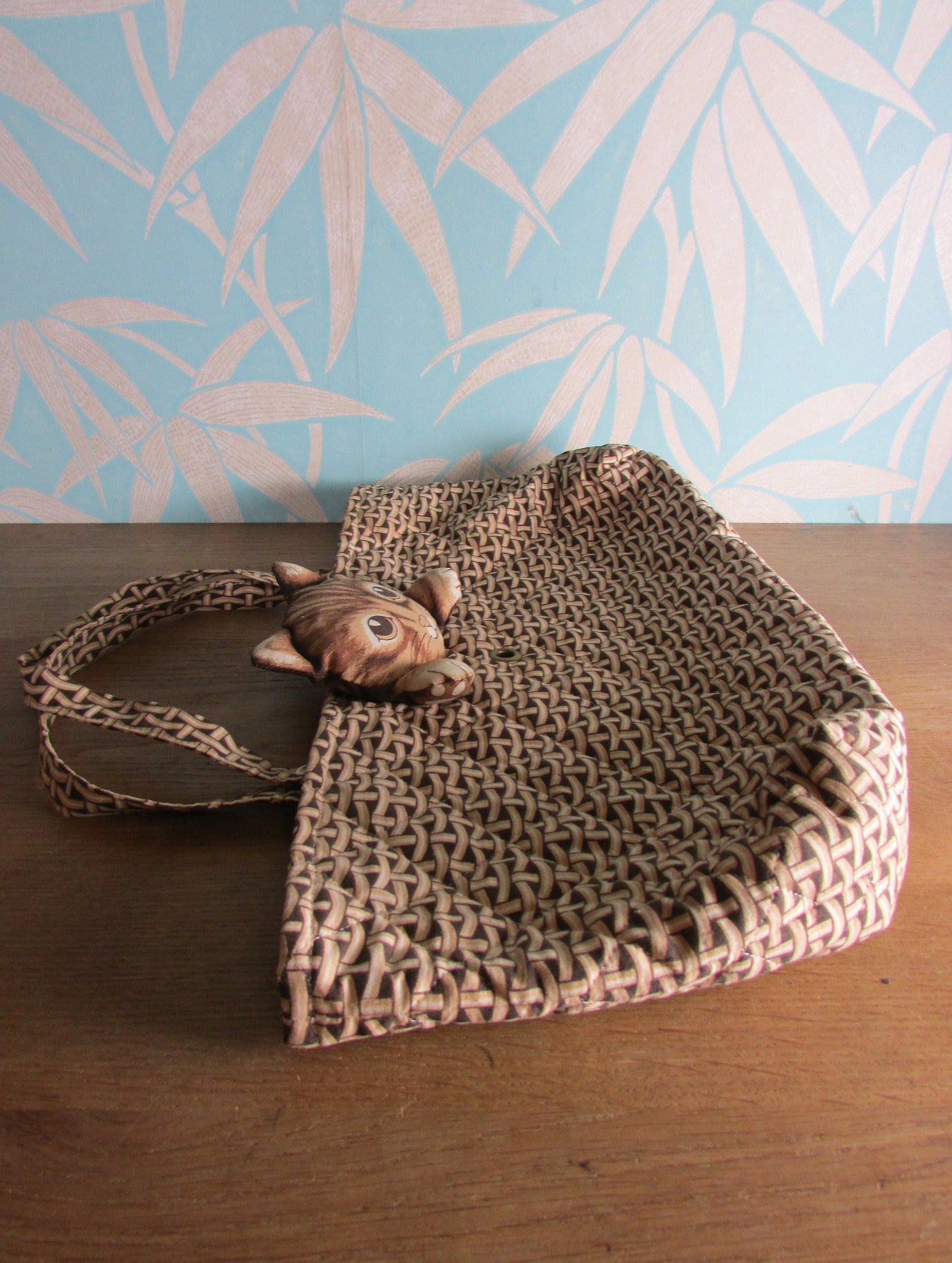 1970s plush cat knitting bag by Anne Wilkinson Designs Ltd for World Wildlife Fund