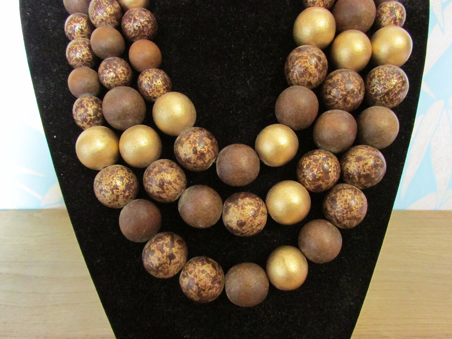 1980s brown, bronze & gold triple strand wooden bead necklace