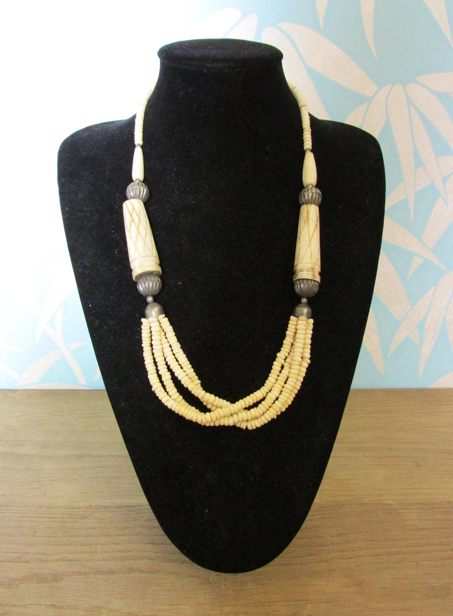1970s/80s carved faux bone & heishi bead multi strand tribal style necklace