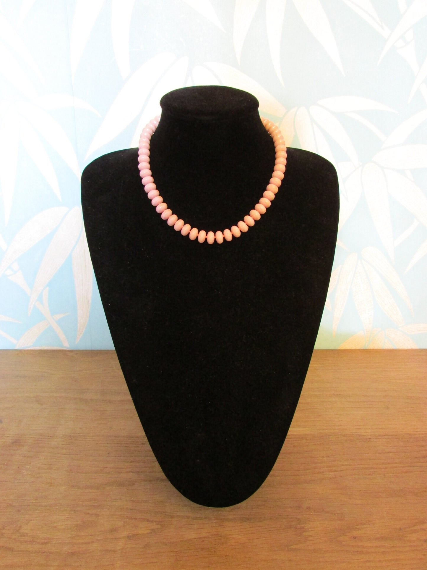1960s soft pink plastic doughnut bead collar length necklace