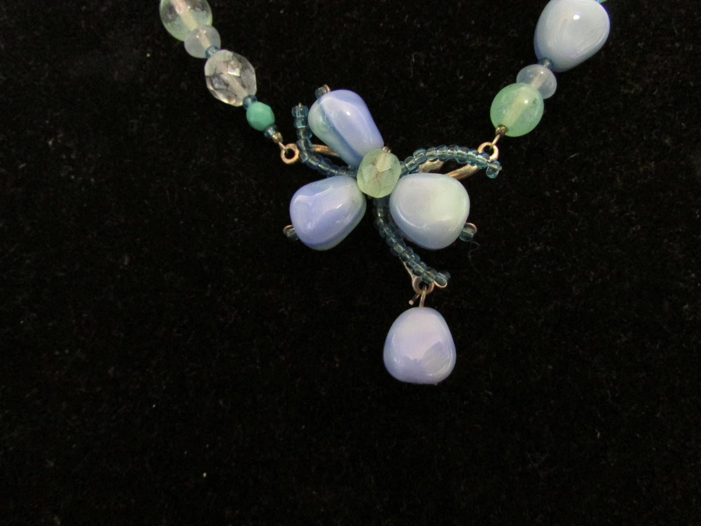 Y2K aqua blue tone glass bead statement necklace with flower bead detail