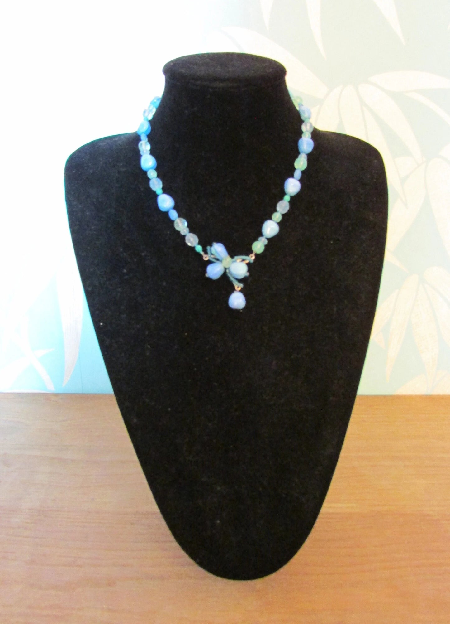 Y2K aqua blue tone glass bead statement necklace with flower bead detail