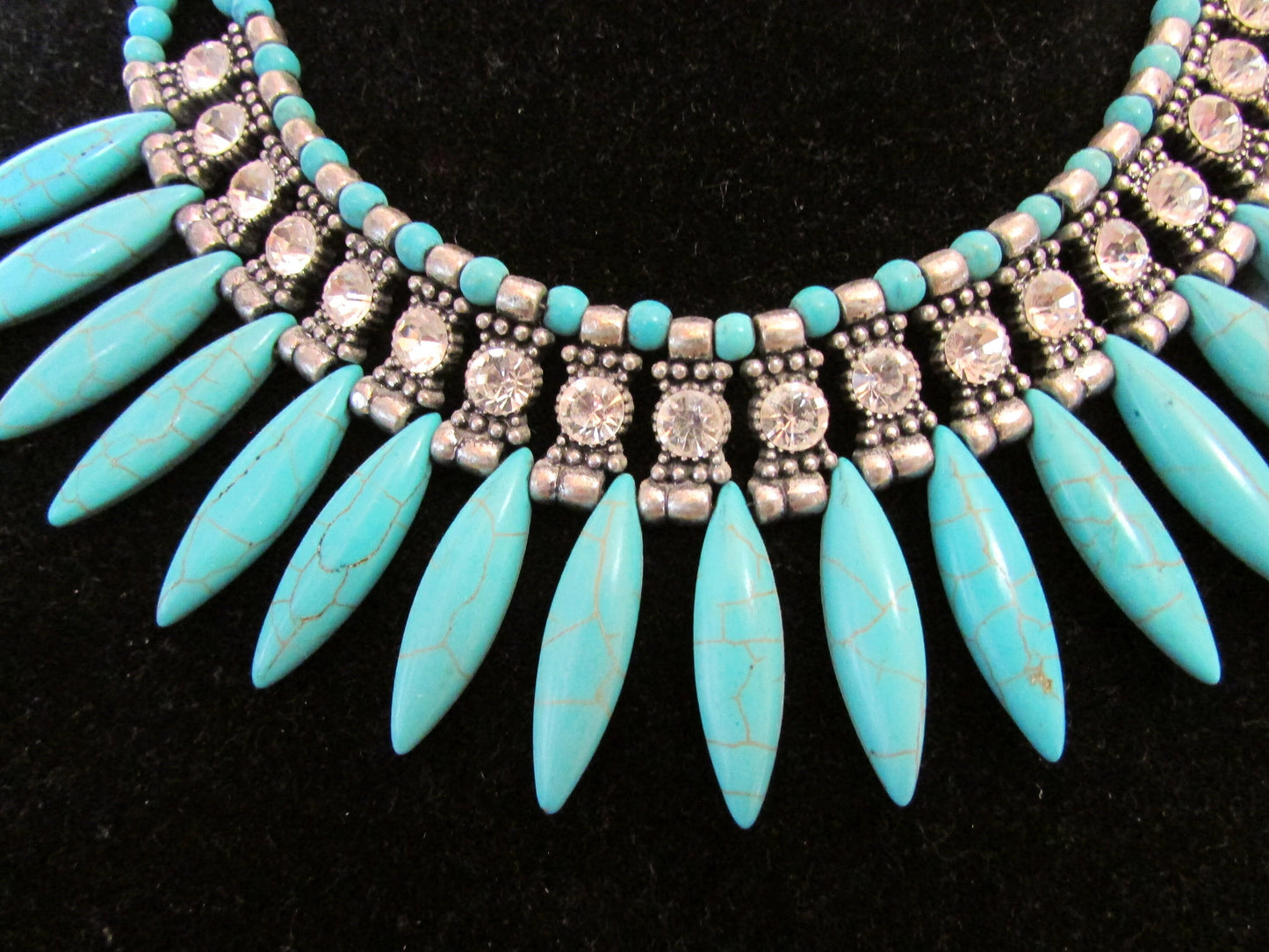 Art Deco-style diamante & turquoise-stone spike statement bib necklace