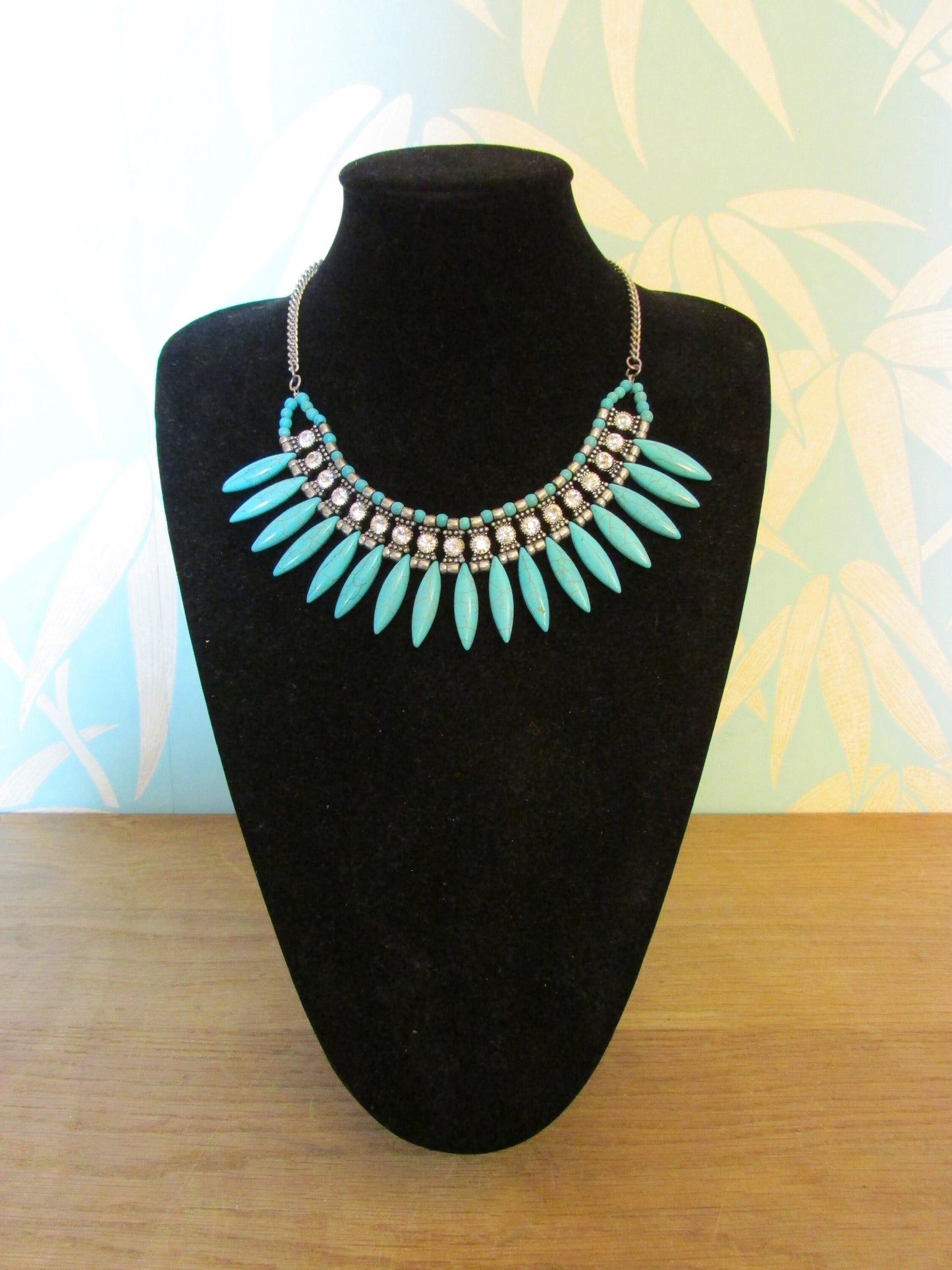 Art Deco-style diamante & turquoise-stone spike statement bib necklace