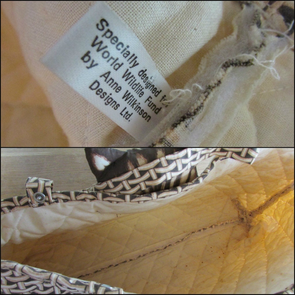1970s plush cat knitting bag by Anne Wilkinson Designs Ltd for World Wildlife Fund