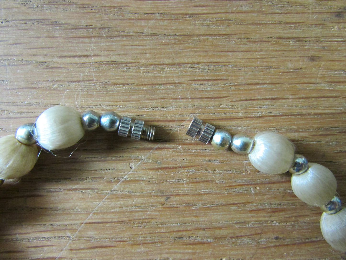 1960s/70s taupe satin bead collar length necklace, silver ball spacers