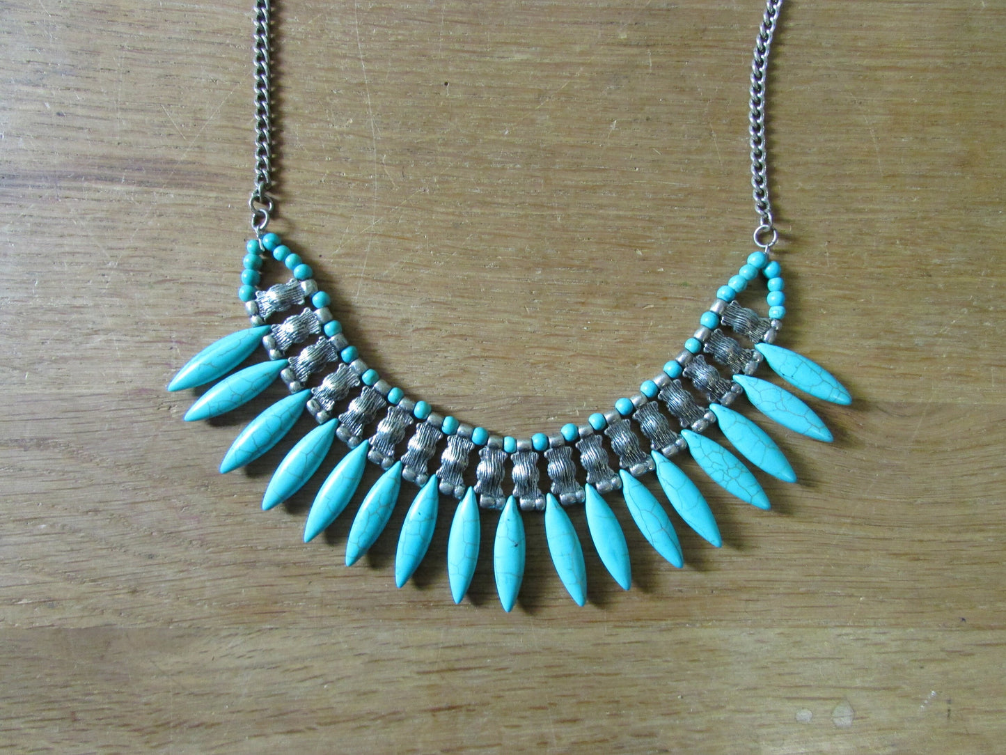 Art Deco-style diamante & turquoise-stone spike statement bib necklace