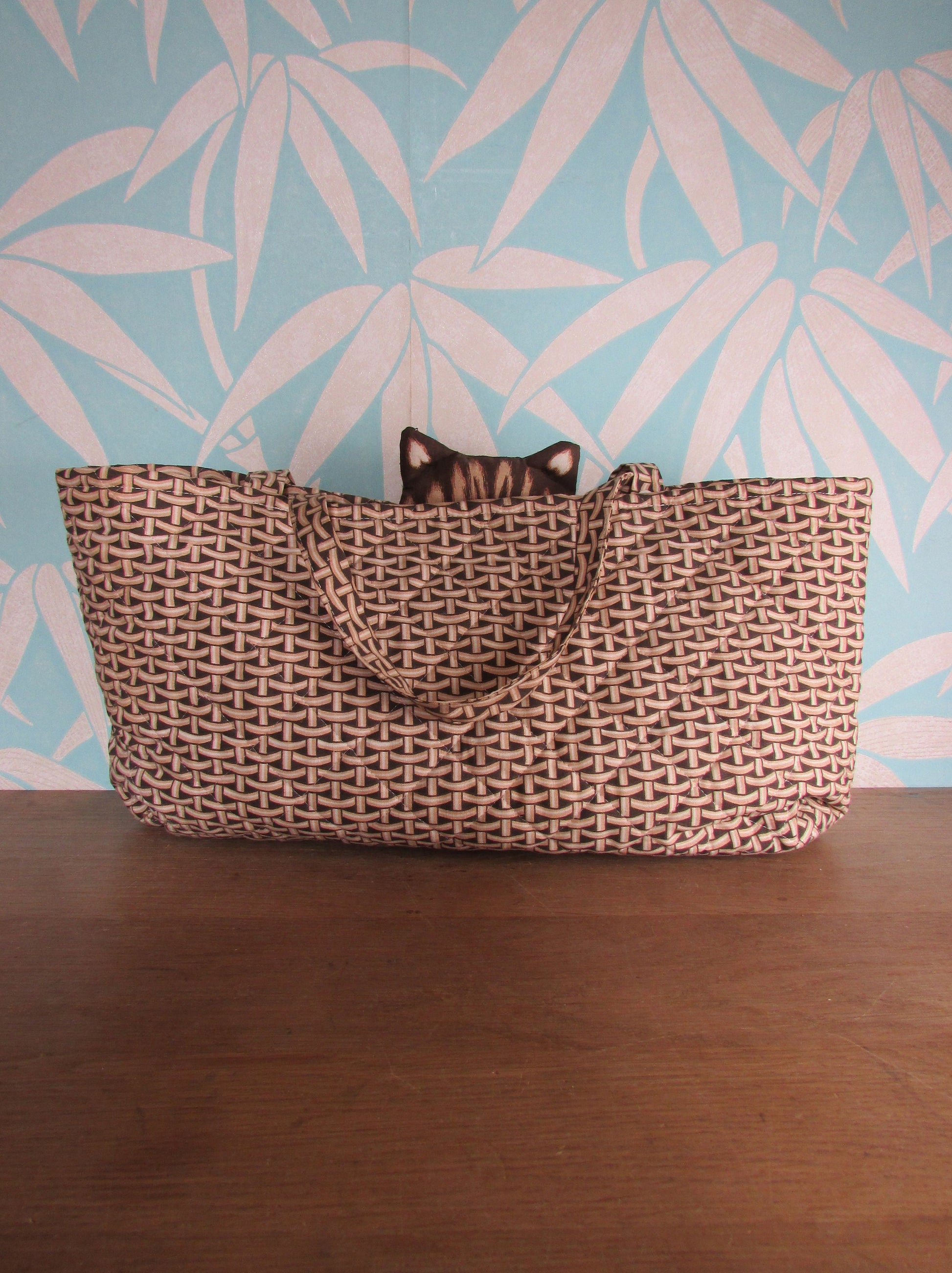 1970s plush cat knitting bag by Anne Wilkinson Designs Ltd for World Wildlife Fund