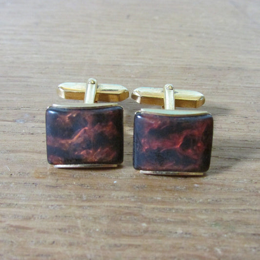 1960s/70s gold-tone cufflinks with marbled black & copper-effect panels