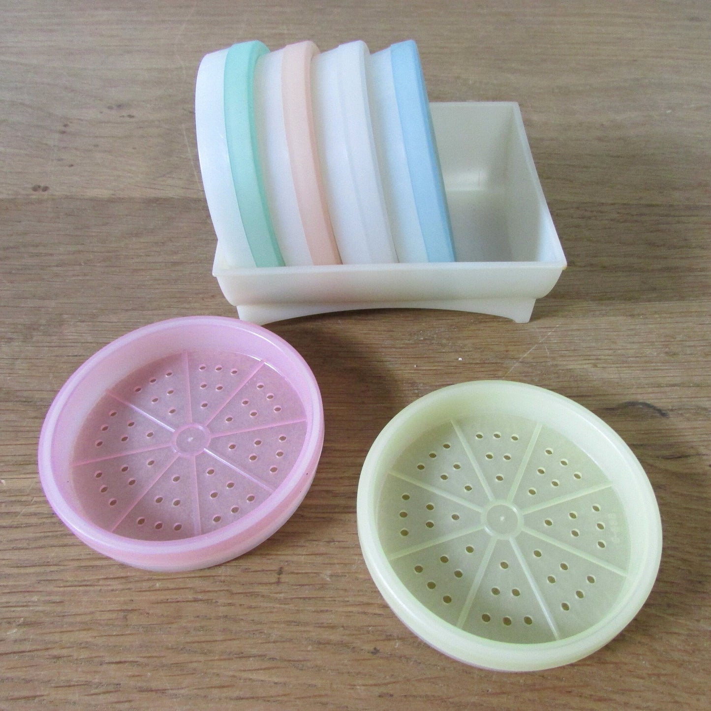 1970s Tupperware pastel wagon wheel 6-coaster set