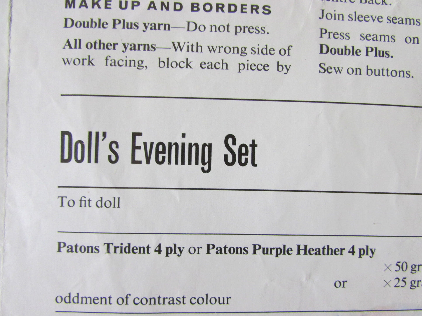 1975 Patons 1229 knitting pattern for doll's trouser suit, & evening set, to fit 14" doll